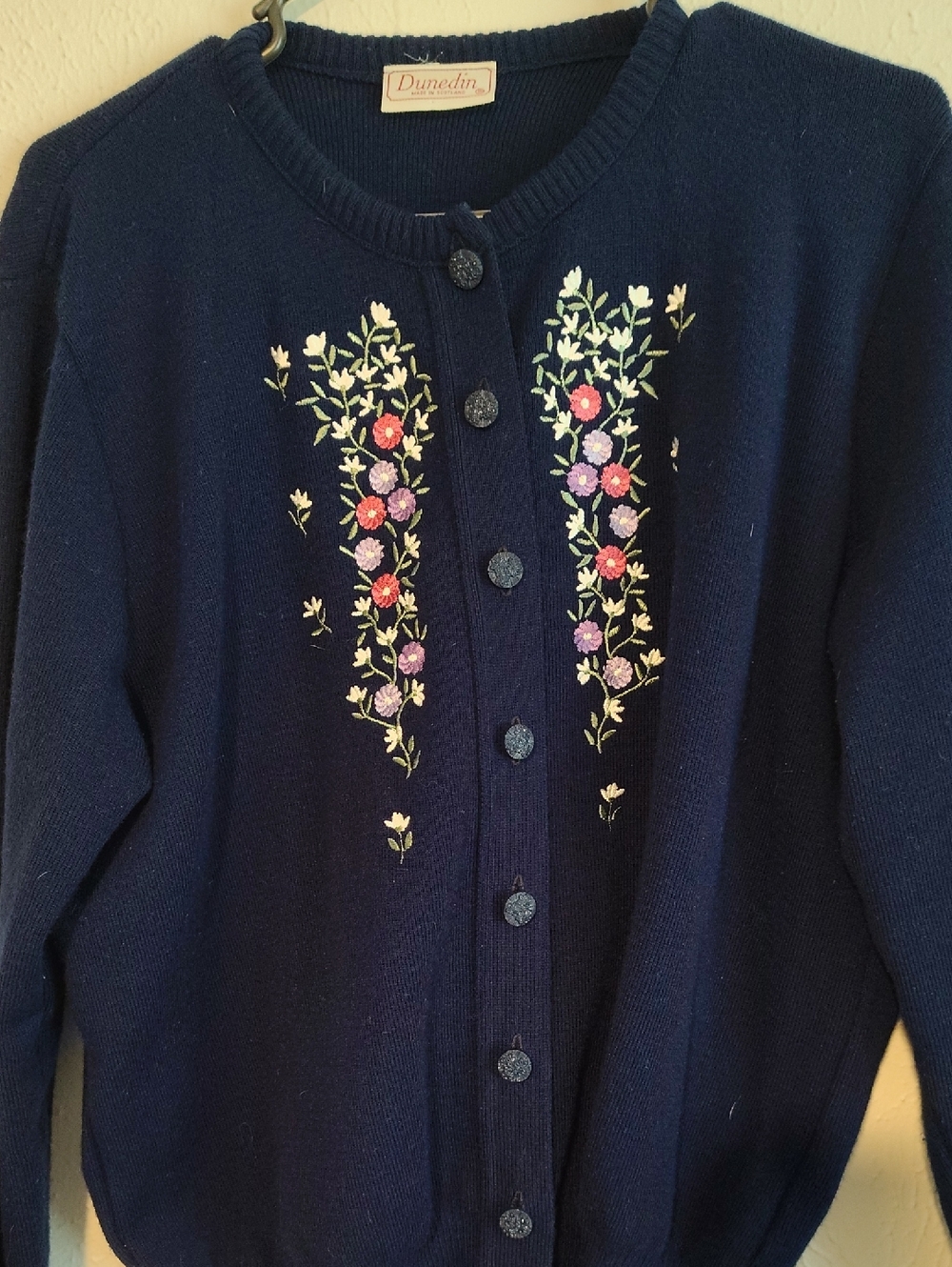 Dunedin Navy Floral Embroidered Button-Front Women's Sweater - Medium